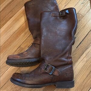 Frye Brown Leather Heeled Boots with Buckle Accents